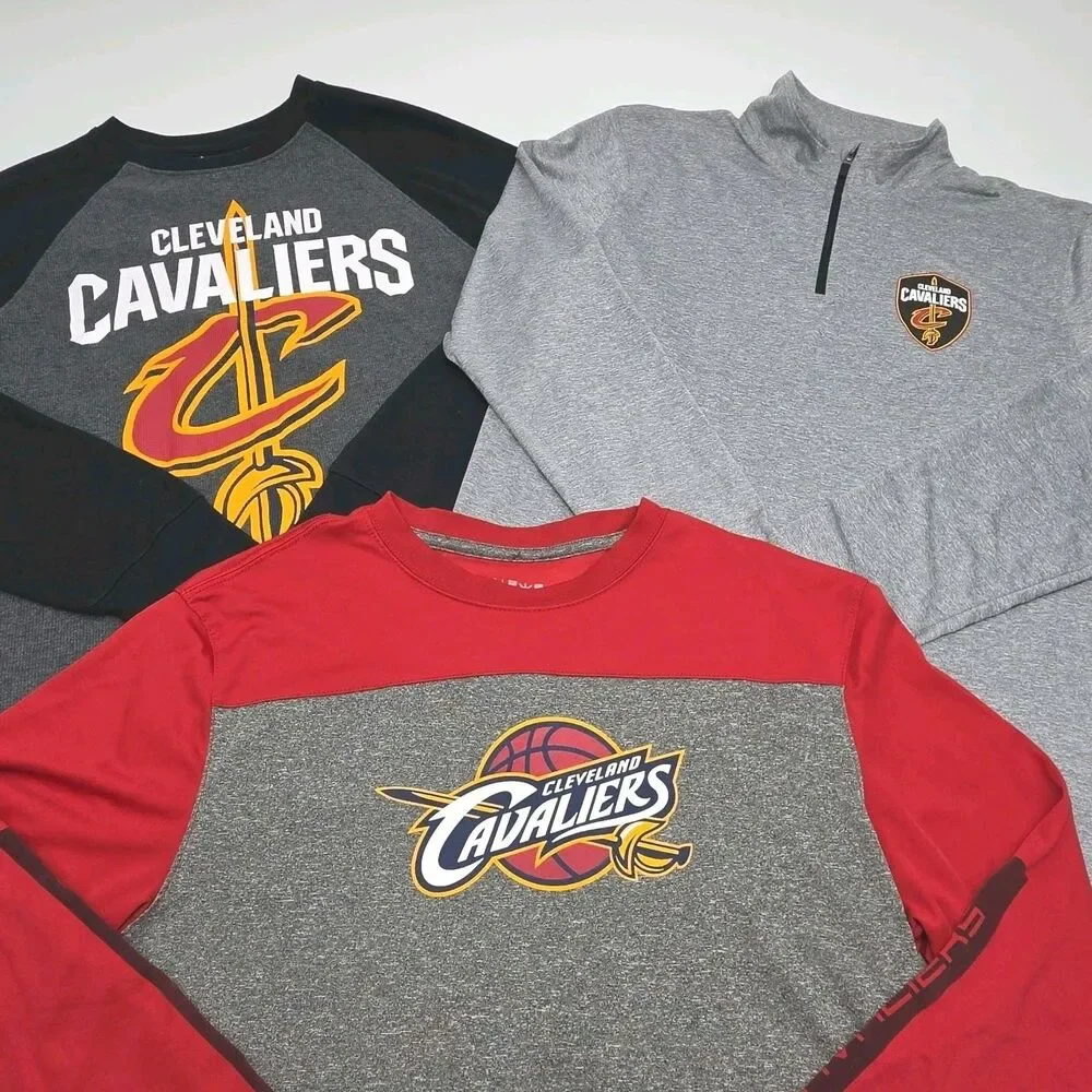 THREE Cleveland Cavaliers Shirts Men Sz Medium Thermal Gray 1/4 Zip Red NBA CAVS
